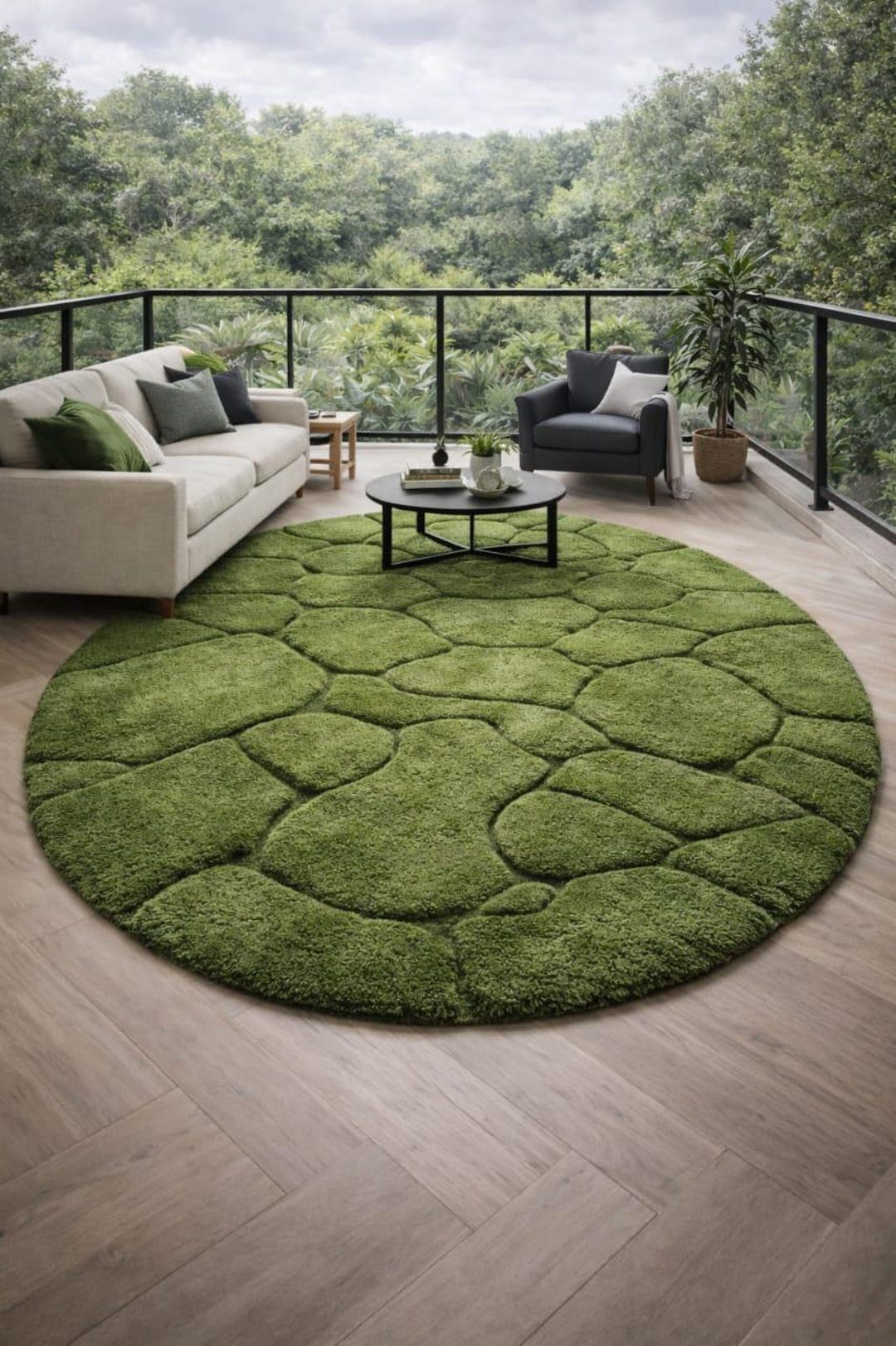 Large Round Moss Green 3D Pebble Rug - Hand Tufted Organic Stone ...