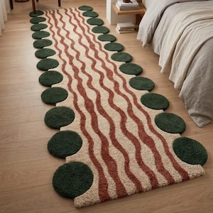 Alfombra de lana tejida a mano, alfombra de pasillo con rayas onduladas de lunares verdes y crema para dormitorio.