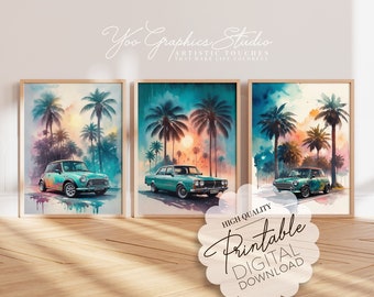 Vintage Car Poster with Palm Tree Print, 3 Piece Beach Landscape Printable Wall Art Gift for Him, Downloadable Classic Car Living Room Decor