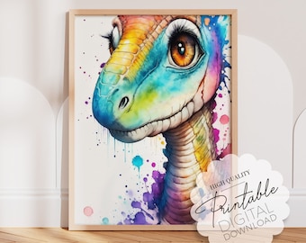 Cute Artful Nursery Dinosaur T-Rex Wall Art, Baby Girl Childrens Room Poster, Printable Digital Downloadable Dino Decor, Prehistoric Artwork