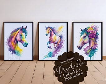 Artful Watercolor Horse Downloadable Wall Art Set of 3 | Naturalism Printable Digital Download Decor