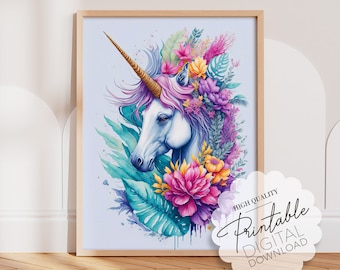 Whimsical Unicorn Printable Wall Art with Flower, Fantasy Clipart Artwork for Teen Girl Room Decor, One Piece Poster Gifts Above Bed