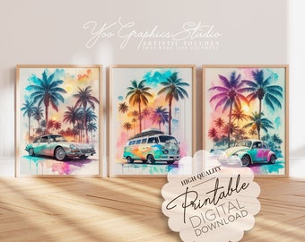 Vintage Car Poster with Palm Tree Print, 3 Piece Beach Landscape Printable Wall Art Gift for Him, Downloadable Classic Car Living Room Decor