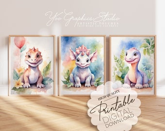 Cute Watercolor Nursery Dinosaur Wall Art Set of 3 for Childrens Room Poster | Printable Digital Downloadable Flower Decor | JPEG Clipart