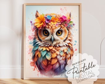 Woodland Animals Owl Wall Art Floral Prints, Whimsical Animal Art Coquette Room Decor, Downloadable Floral Nursery Decor, Digital Painting