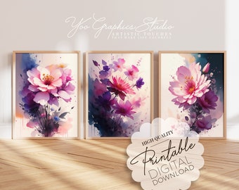 Flower Poster Set of 3 Prints, Watercolor Floral Wall Art Above Bed Decor, Downloadable Botanical Backdrop Wildflower Painting Collection