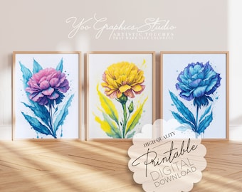 Botanical Printable 3 Piece Wall Art, Floral Downloadable Flower Digital Poster, Birt Month Flower Clipart Gift for Carnation Lover