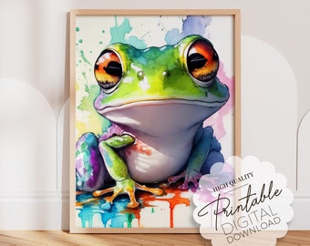 Cute Watercolor Frog Wall Art One Piece Poster, Downloadable Frog Picture Print for Childrens Room or Nursery, Printable Frog Lover Gift