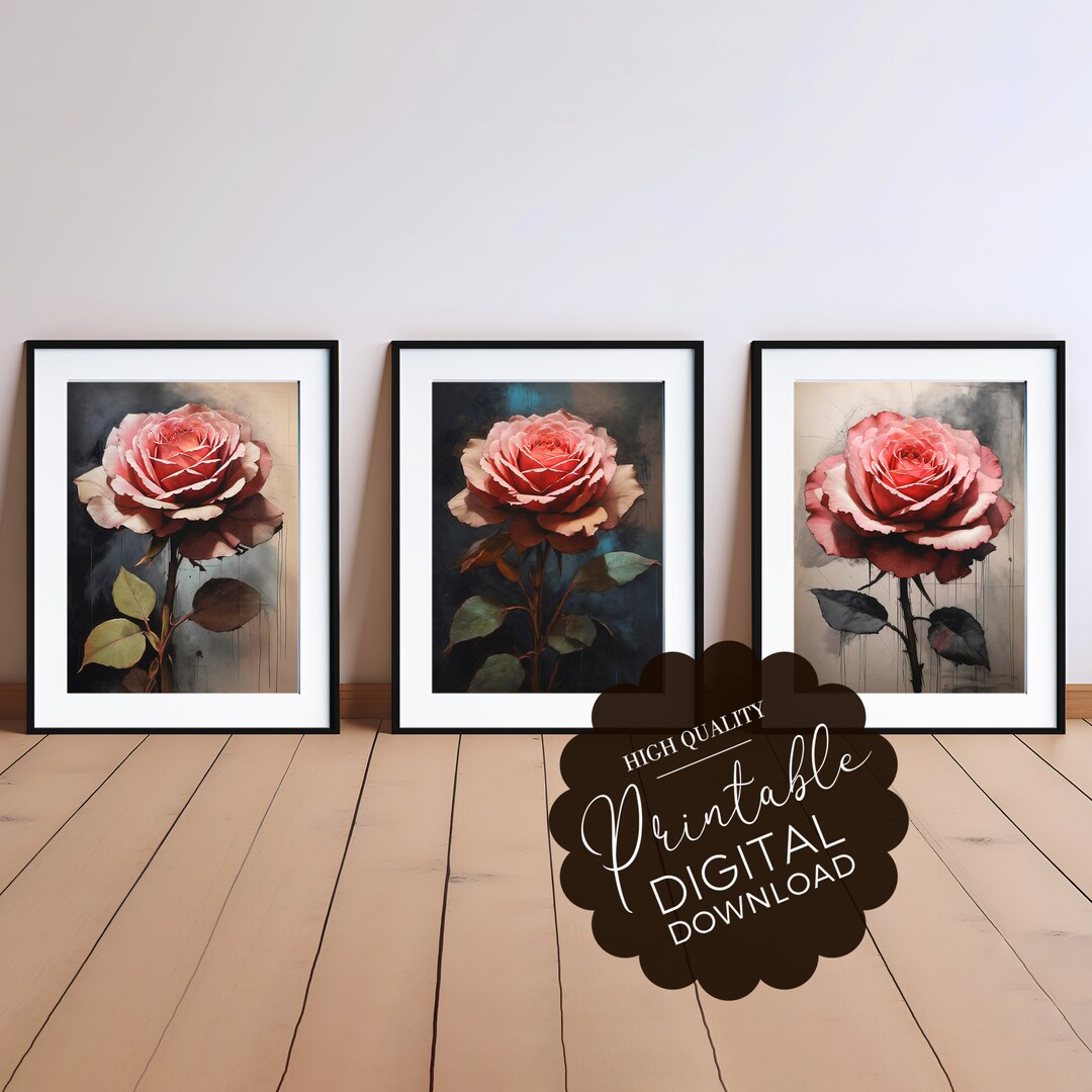 Art Painted Rose Flower Wall Art Set of 3 Printable Digital Etsy