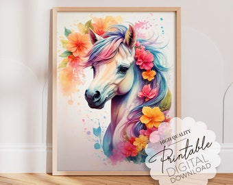 Cute Baby Horse with Flower Wall Art Print, Playful Equine Watercolor Poster, Printable Digital Download Equestrian Gifts for Horse Lover