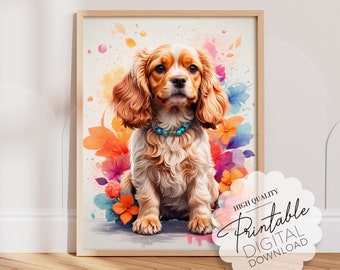 Cocker Spaniel Dog Wall Art Floral Nursery Decor, Downloadable Pet Portrait Digital Illustration, Whimsical Animal Art Coquette Room Decor
