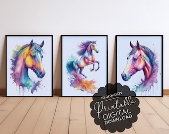 Whimsical Horse Trio | Set of 3 Watercolor Wall Art | Playful Equine Charms | Printable Digital Download Horse | Wild Horse Wall Decor
