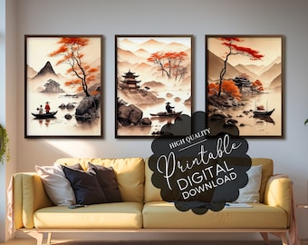 Ink Wash China Ancient Town Wall Art Set of 3 Digital Download | Printable Wall Art | Cultural Elegance Art Print Decor | Landscape Print