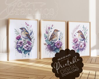 Flowerful Bird Wall Art Set of 3 Printable Digital Downloadable JPEG Clipart, Perfect Gifts for Winged Beauty Lovers, Elegant Watercolor Art