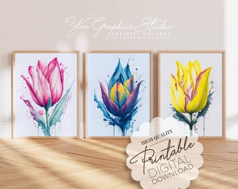 Botanical Wall Art Set of 3 Printable Boho Bouquet, Downloadable Birth Month Flower Painting, Tulip Trio Floral Poster Above Bed Decor