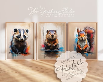 Woodland Animal Nursery Decor Set of 3 Wall Art, Forest National Park Print Above Bed, Colorful Animal Lover Gift, Badger Squirrel Beaver