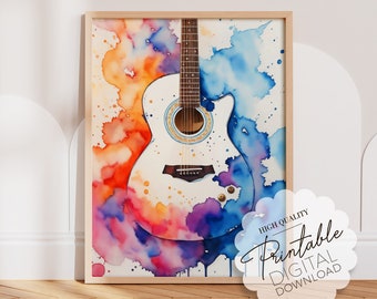Acoustic Guitar Watercolor Painting One Piece Poster, Pop Culture Music Wall Art for Guitar Player or Teacher, Downloadable Print Home Decor