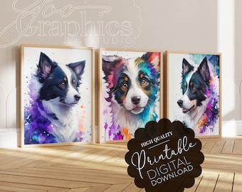 Border Collie Watercolor Dog Wall Art Set of 3 Pet Lover's Gift | Printable Digital Download Wall Decor | Artful Dog Lover Prints