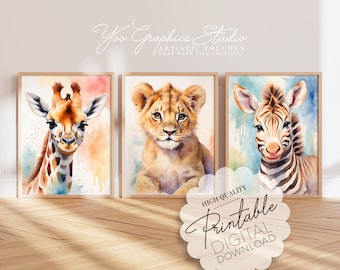 Watercolor Safari Nursery Decor 3 Piece Wall Art, Colourful Playroom Wall Decor, Printable Animal Lover Gift Poster for Childrens Room