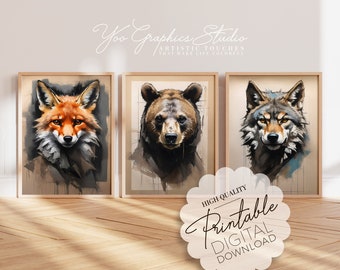 Majestic Forest Trio | Set of 3 Animal Art Prints | Digital Download Wildlife Beauty | Fox, Bear and Wolf | Watercolor Art Painted Wall Art