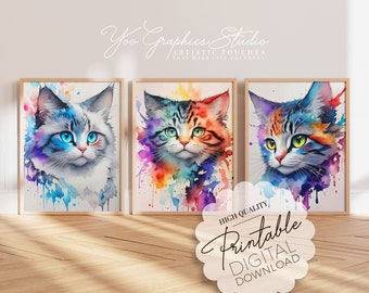 Colorful Watercolor Cat Wall Art Set of 3 Posters, Whimsical Pet Portrait Painting Artwork, Downloadable Gift for Cat Lovers, Large Wall Art