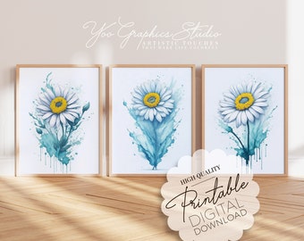 Gerbera Daisy Wall Art Set of 3 Printable Flower Art Prints, Downloadable Floral Digital Art, Botanical Light Blue Wall Art,Minimalist Decor