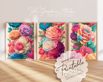 Botanical Watercolor Flower Wall Art Set of 3 Printable Digital Download | Colorful Carnation Floral Art | Living Room Wall Decor Art Prints
