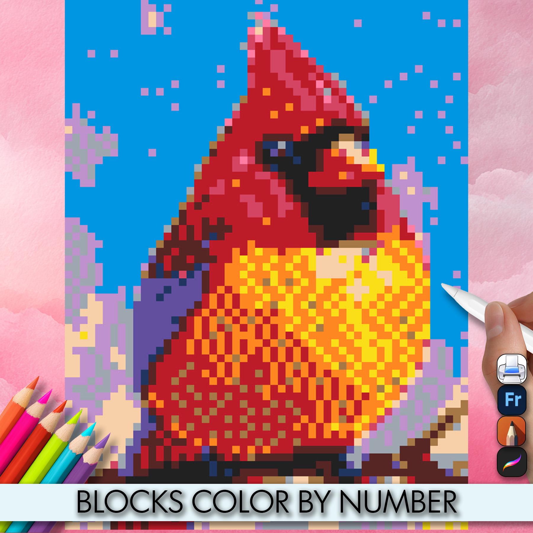 Página para colorear Cardinal Blocks (cuadrada) – Descarga digital imprimible con overlay para Procreate y color por números