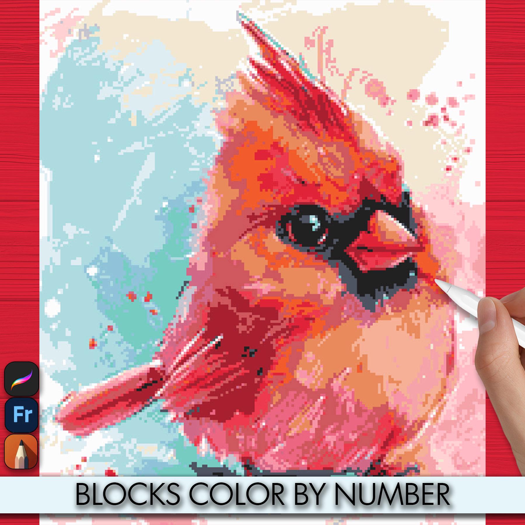 Lámina para colorear por números Pixel Art para Procreate – Tierno polluelo de cardenal rojo en bloques acuarela Descarga digital