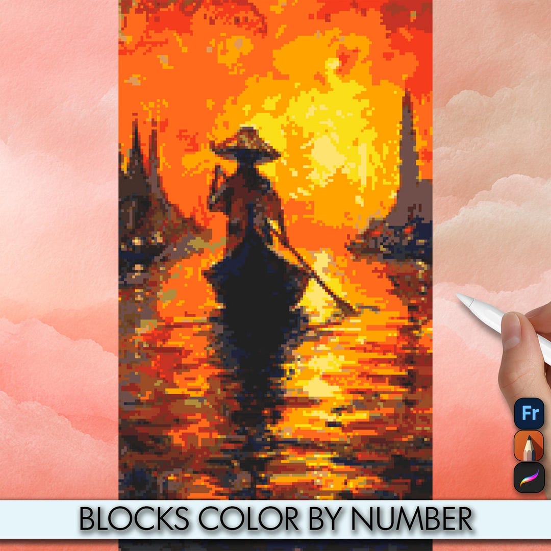 Boat Rowing 1 Blocks Coloring Pages - Watercolor Pixel Art - Procreate ...