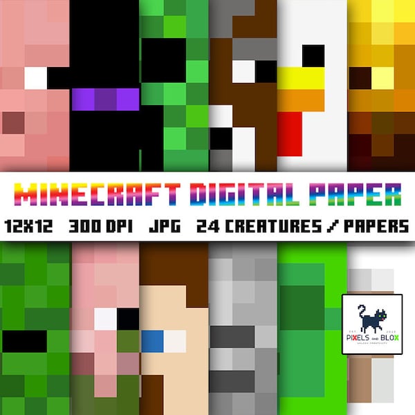 Minecraft Creature Set 1 Digital Paper - Printable Paper - Creeper - Zombie - Skeleton - Enderman - Blaze - Chicken - Cow - Sheep - Slime