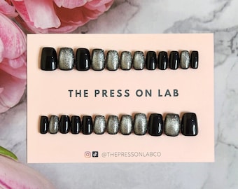 24 Pcs Short Black Silver Cat Eye Press on Nails, Magnetic Reflective Black Nails Press on, Fake Nail Short, Glue on Nail,  Gift For her