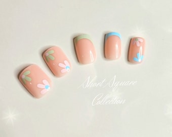 24 Pcs Square Green Pink Blue Flowers French Tips Press on Nails, Floral Fake Nail, Spring Nails, Cute Glue on Nail, Gift For her