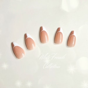 24 pcs Almond White French Tips Press On Nails, Simple White Almond Fake Nail, Glue On Nail, Wedding Nails,  Gift for her