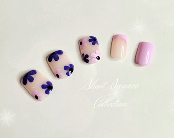 24 pcs Short Square Purple Lavender Flower Press On Nails, Floral Press On Nails, Spring Nails, Glue On Nail, Birthday Gift for her