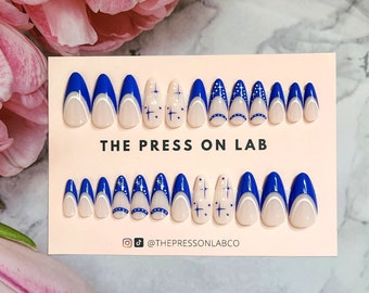 24 Pcs Blue French Press on Nails, Almond Press on Nail, Fake Nail, Glue on Nail, Gift For her, Cute Summer Nails, Kitsch nails
