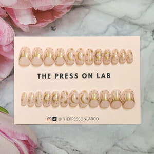 24 pcs Short Oval Gold Moon Stars Press On Nails, Nail Press On Fake Nail Short, Glue On Nail, Fake Nail Almond Short, Birthday Gift For Her