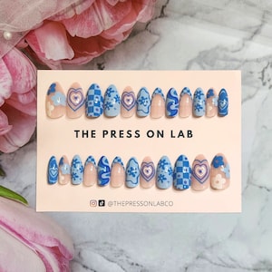 24 pcs Blue Flower Hearts Checkerboard Almond Press On Nail, Floral Press On Nails, Fake Nail, Glue On Nail, Summer Nails, Gift For her