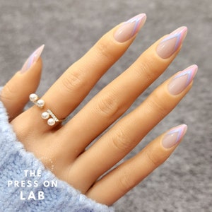 24 pcs Blue Pink French Almond Press on Nails, Summer Nails, Press-on Almond, Fake nail medium, Glue on nail, Nail Press on, Gift for her