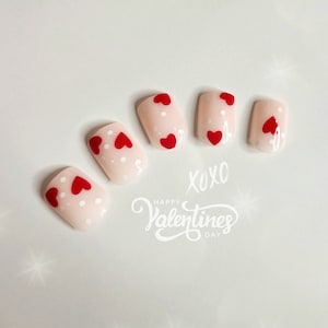 24 pcs Short Square Red Heart Press On Nails, Red Hearts Fake Nails, Glue On Nail, Red Valentines Nails, Gift for her