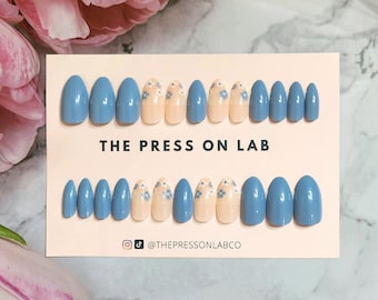 24 pcs Blue Floral Almond Press On Nail, Flower Press On Nails, Summer Nail, Fake Nail, Glue On Nail, Vacation nails, Birthday Gift For her