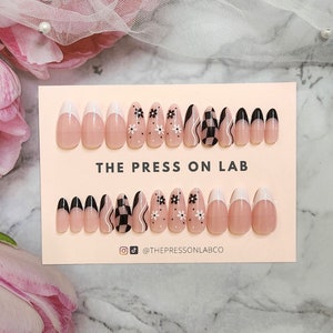 Black Floral French Almond Press On Nails: 24pc Checkerboard Nail Set