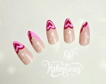 Almond Pink Red Heart Press On Nails: Valentine's Day Fake Nails