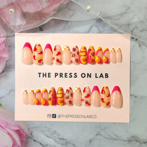 24 Pcs Colorful Swirls Strawberry Press on Nails, Almond Press on Nail, Fake Nail, Glue on Nail, Gift For her, Kitsch design nail