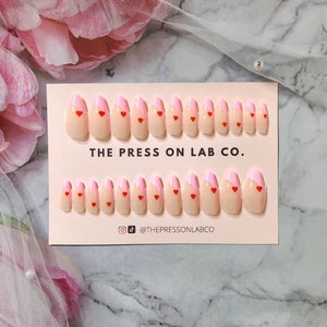 24 Pcs Almond  Pink Heart  Press on Nails, Heart Press on Nails, Pink Fake Nail, Glue on Nail, Press on nail Almond, Gift For her