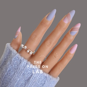 24 pcs Matte Blue Pink Swirls Press On Nail, Press On Nails, Nail Press On, Fake Nail , Glue On Nail, Summer Almond Nails, Gift for her