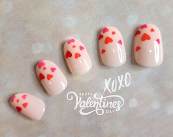 Oval Red Heart Press On Nails: Pink Valentine's Day Fake Nails