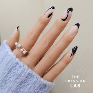 Black Swirl Almond Press On Nails: Medium Length, 24 pcs