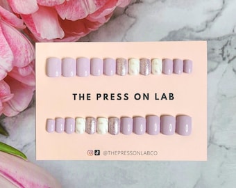 24 Pcs Short Lavender Glitter Marble Press on Nails, White Marble Nails Press on, Short Square Fake Nail, Glue on Nail, Gift For her