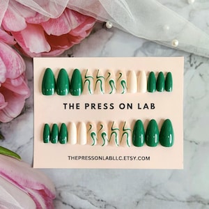 24 pcs Almond Green swirl Press On Nails, Nail Press On, Green Fake Nails, Glue On Nail, Summer Almond Nails, Birthday Gift for her